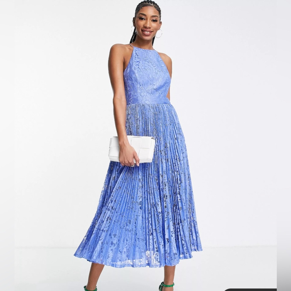 ASOS DESIGN Tall pinny midi prom dress with pleated lace in blue.